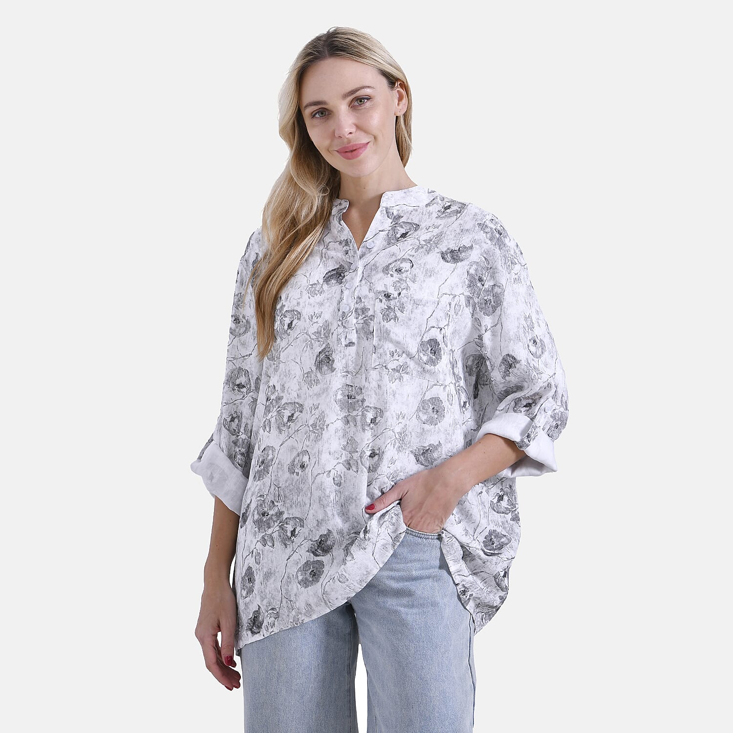 La Marey Elegant Rose Print V-Neck Long Sleeve Soft Top (Size - S) - Pink