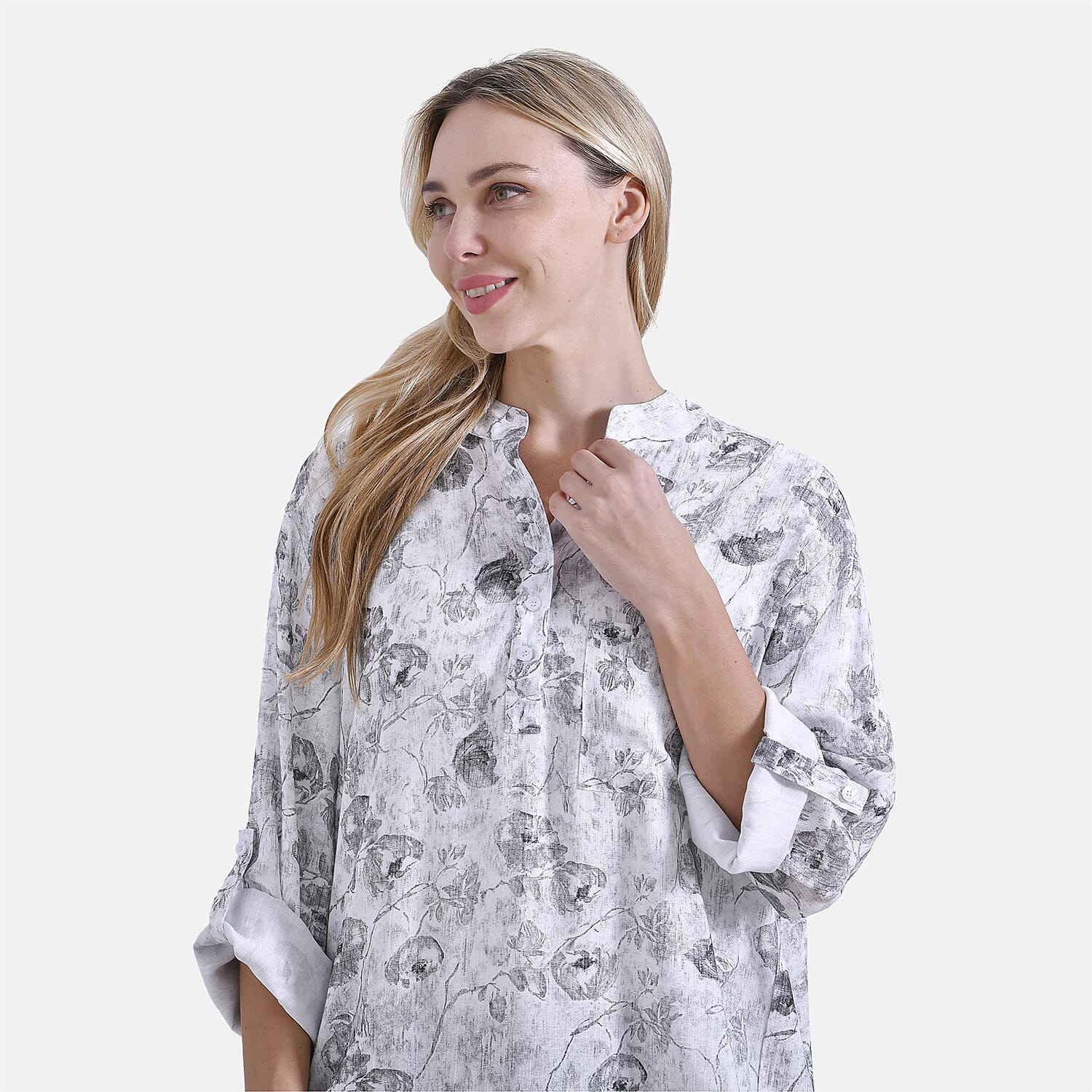 La Marey Elegant Rose Print V-Neck Long Sleeve Soft Top (Size - S) - Pink