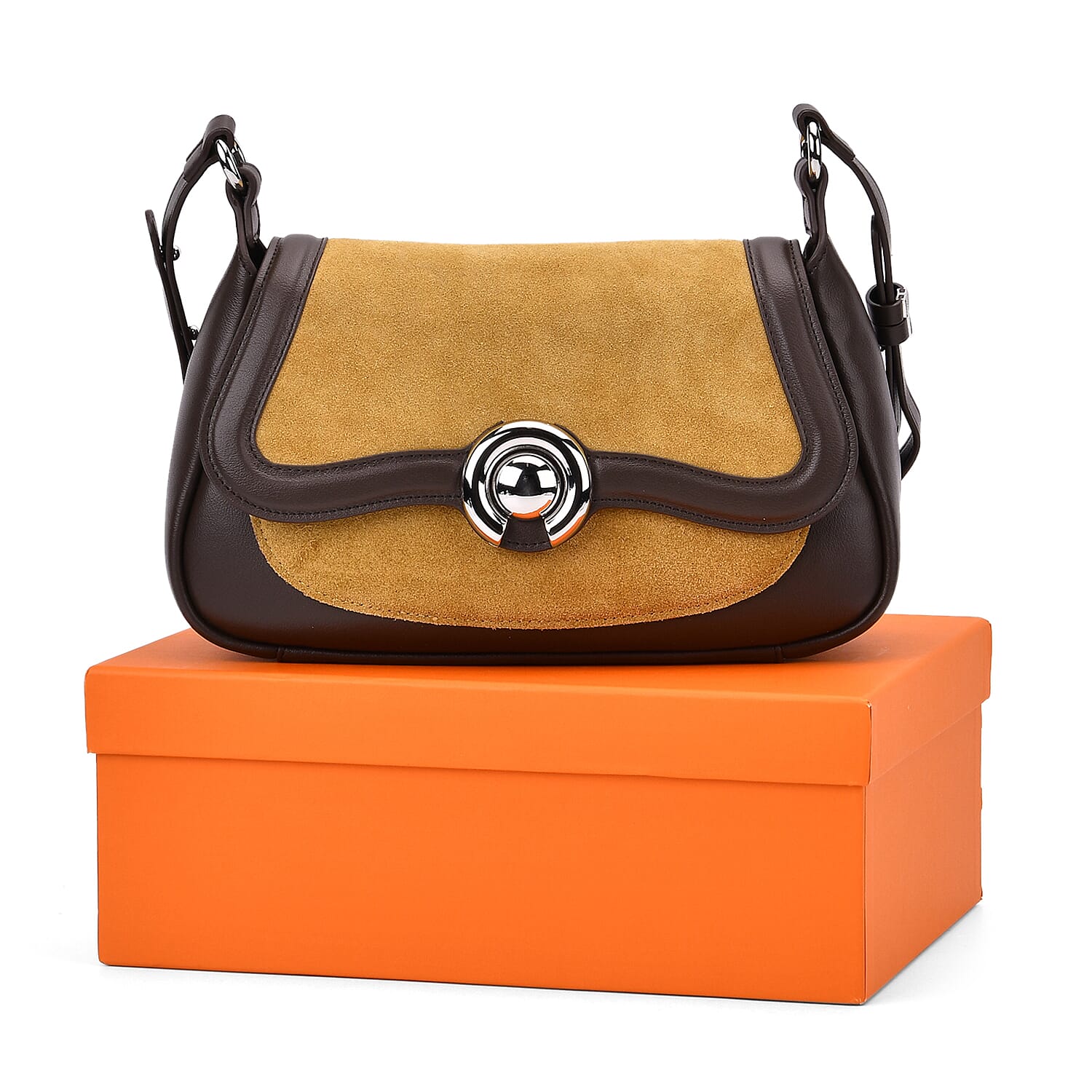 New Brand Launch - Grand Pelle Genuine Leather Crossbody Bag with Adjustable Strap - Brown & Coffee New Brand Launch - Grand Pelle Genuine Leather Crossbody Bag with Adjustable Strap - Brown & Coffee