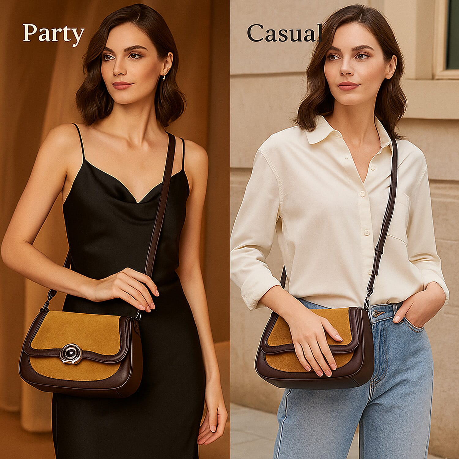 New Brand Launch - Grand Pelle Genuine Leather Crossbody Bag with Adjustable Strap - Brown & Coffee