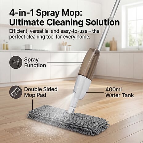 4-in1 Spray Mop - Including- Double Sided Mop Pad, Window Cleaning Head, Broom Head and Dustpan, 400ml Water Tank