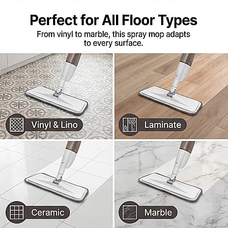 4-in1 Spray Mop - Including- Double Sided Mop Pad, Window Cleaning Head, Broom Head and Dustpan, 400ml Water Tank