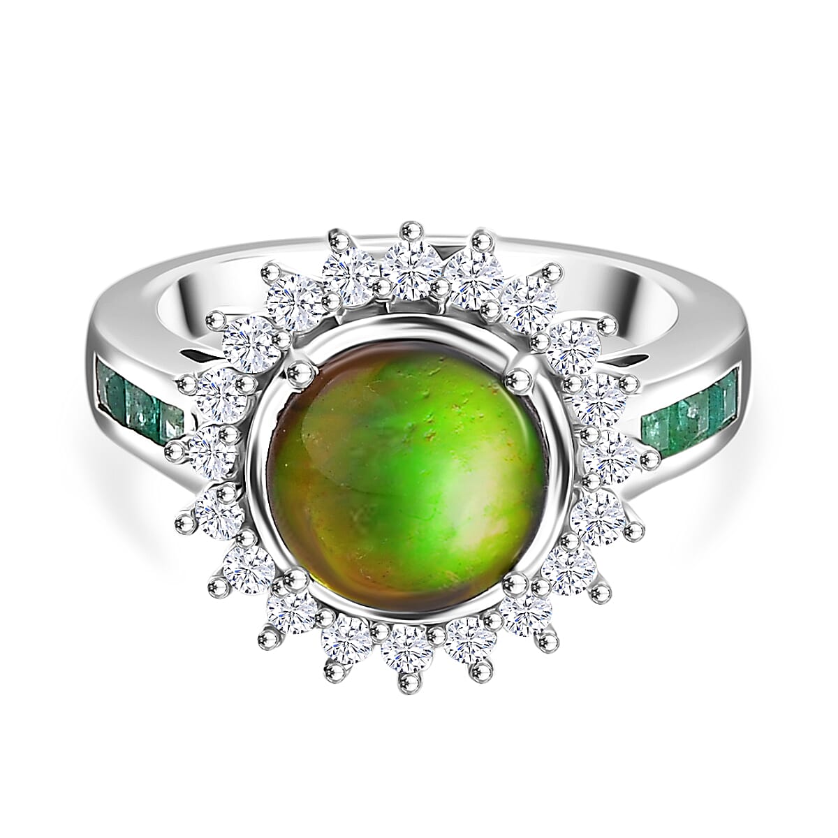 Extreme Rare Find - AA Canadian Ammolite with Emerald & White Zircon Solitaire Ring in Rhodium Overlay Sterling Silver 2.92 Ct. Extreme Rare Find - AA Canadian Ammolite with Emerald & White Zircon Solitaire Ring in Rhodium Overlay Sterling Silver 2.92 Ct.