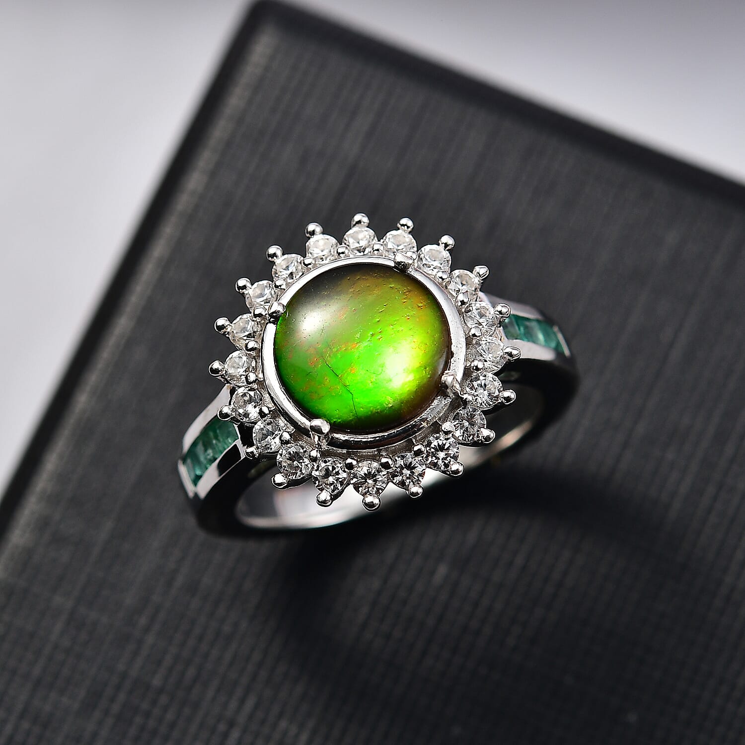 Extreme Rare Find - AA Canadian Ammolite with Emerald & White Zircon Solitaire Ring in Rhodium Overlay Sterling Silver 2.92 Ct. Extreme Rare Find - AA Canadian Ammolite with Emerald & White Zircon Solitaire Ring in Rhodium Overlay Sterling Silver 2.92 Ct.