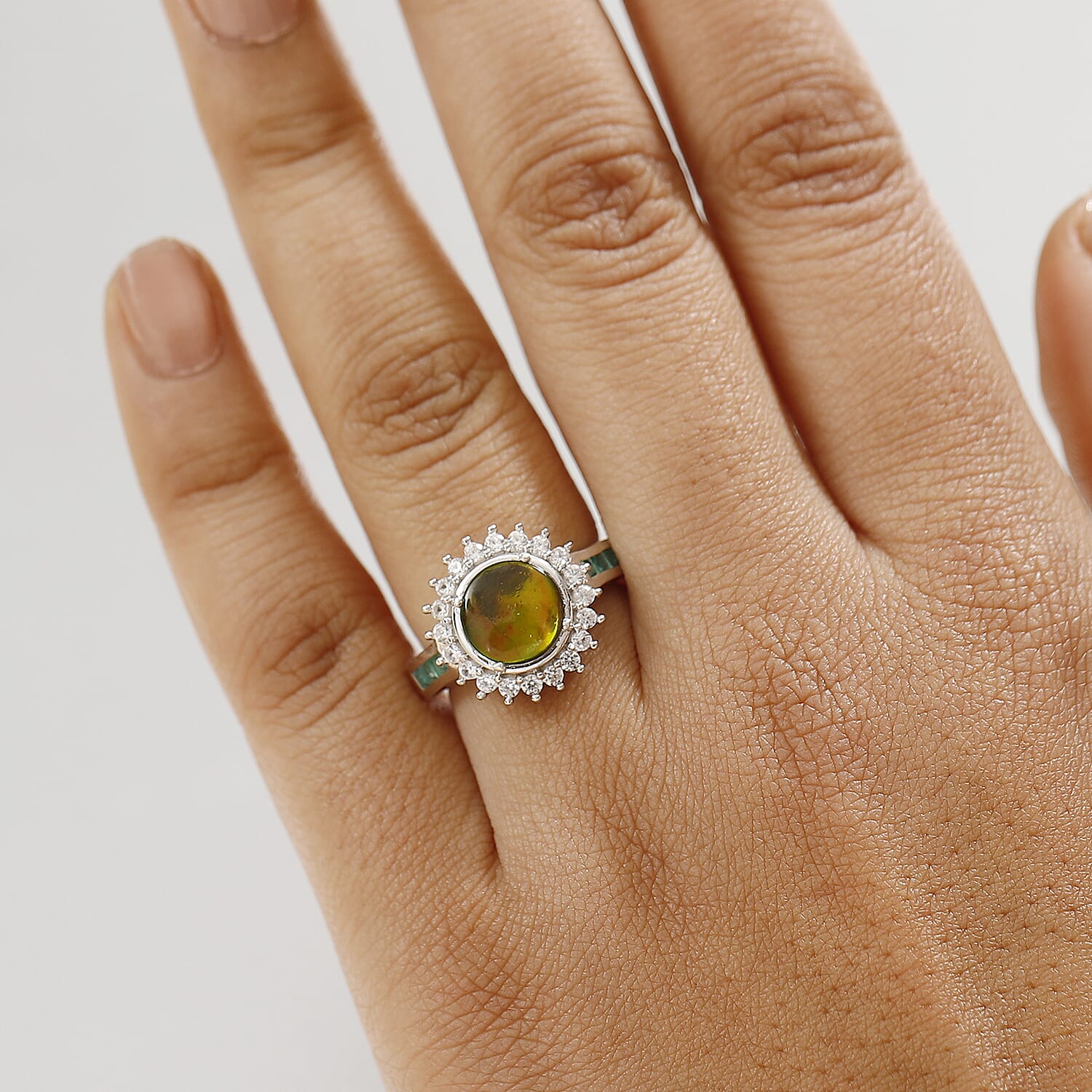 Extreme Rare Find - AA Canadian Ammolite with Emerald & White Zircon Solitaire Ring in Rhodium Overlay Sterling Silver 2.92 Ct. Extreme Rare Find - AA Canadian Ammolite with Emerald & White Zircon Solitaire Ring in Rhodium Overlay Sterling Silver 2.92 Ct.