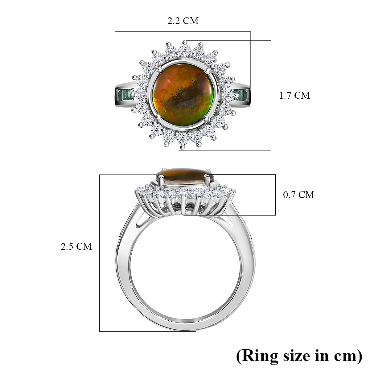 Extreme Rare Find - AA Canadian Ammolite with Emerald & White Zircon Solitaire Ring in Rhodium Overlay Sterling Silver 2.92 Ct. Extreme Rare Find - AA Canadian Ammolite with Emerald & White Zircon Solitaire Ring in Rhodium Overlay Sterling Silver 2.92 Ct.