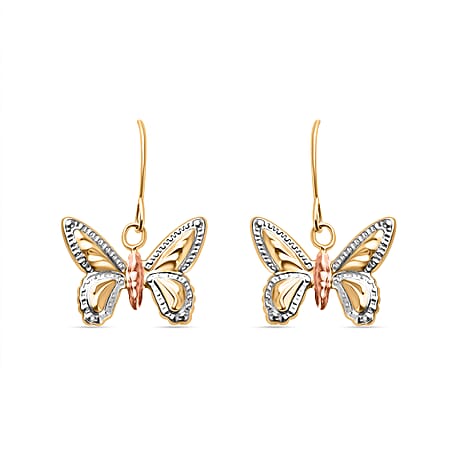 9K Tri Colour Gold Diamond Cut Butterfly Drop Hoop Earring