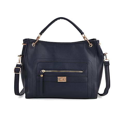 Satchel Handbag with Detachable Shoulder Strap - Dark Blue