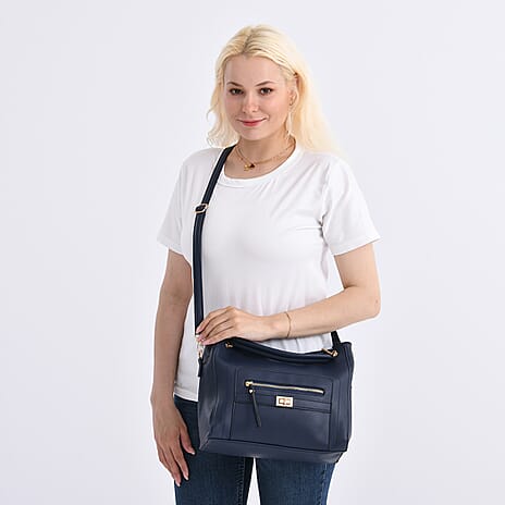 Satchel Handbag with Detachable Shoulder Strap - Dark Blue