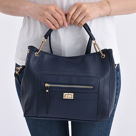 Satchel Handbag with Detachable Shoulder Strap - Dark Blue