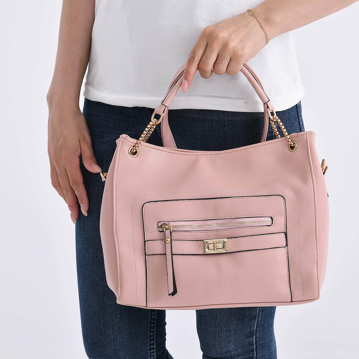 Satchel Handbag with Detachable Shoulder Strap - Pink