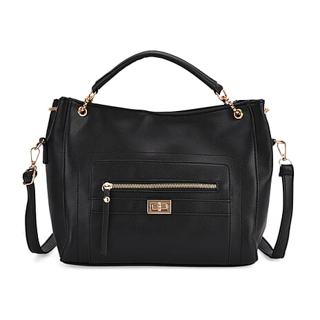 Satchel Handbag with Detachable Shoulder Strap - Black