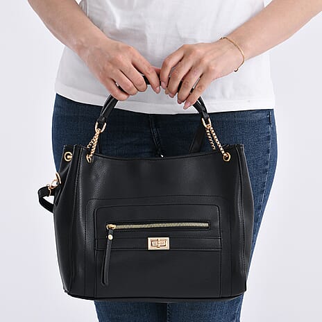 Satchel Handbag with Detachable Shoulder Strap - Black