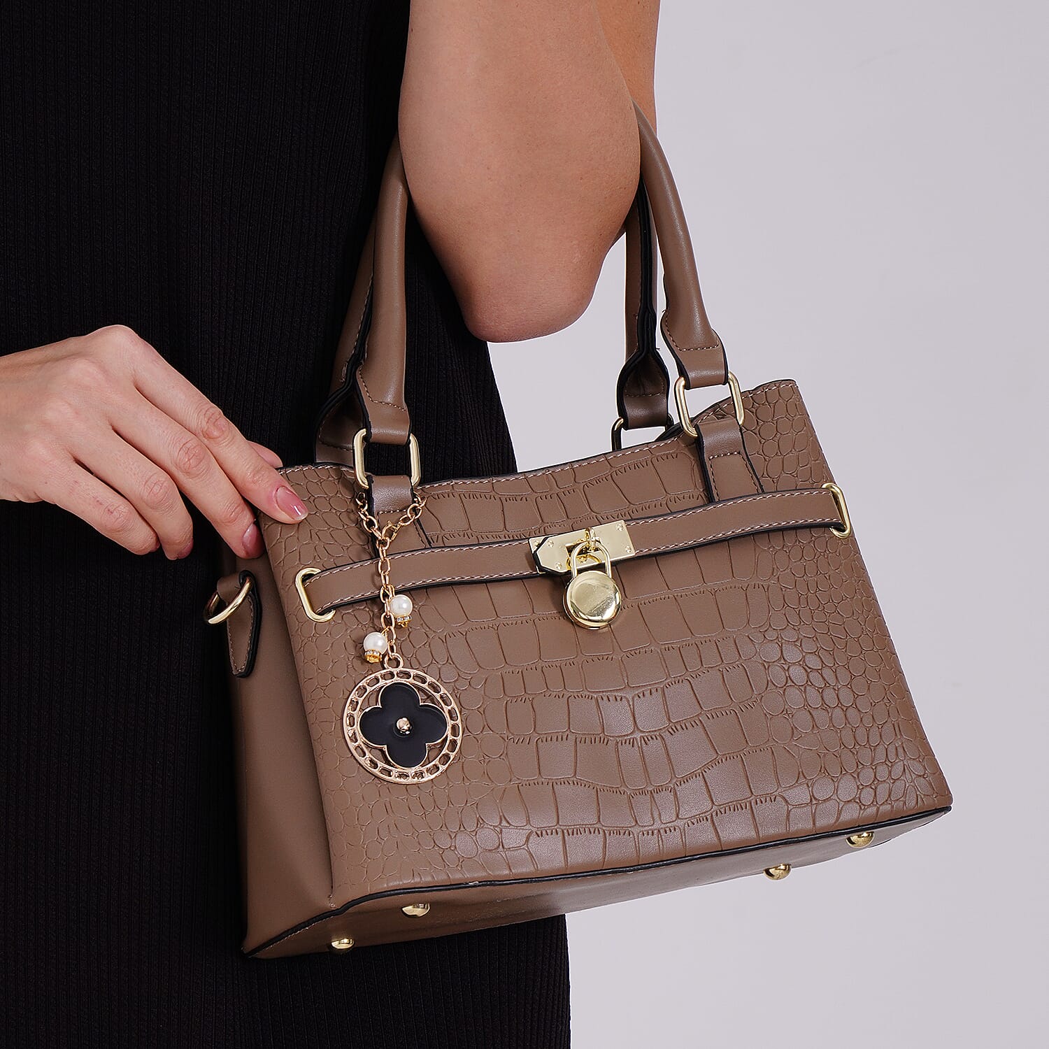 Closeout Deal - Crocodile Embossed Crossbody Bag with Shoulder Strap - Khaki