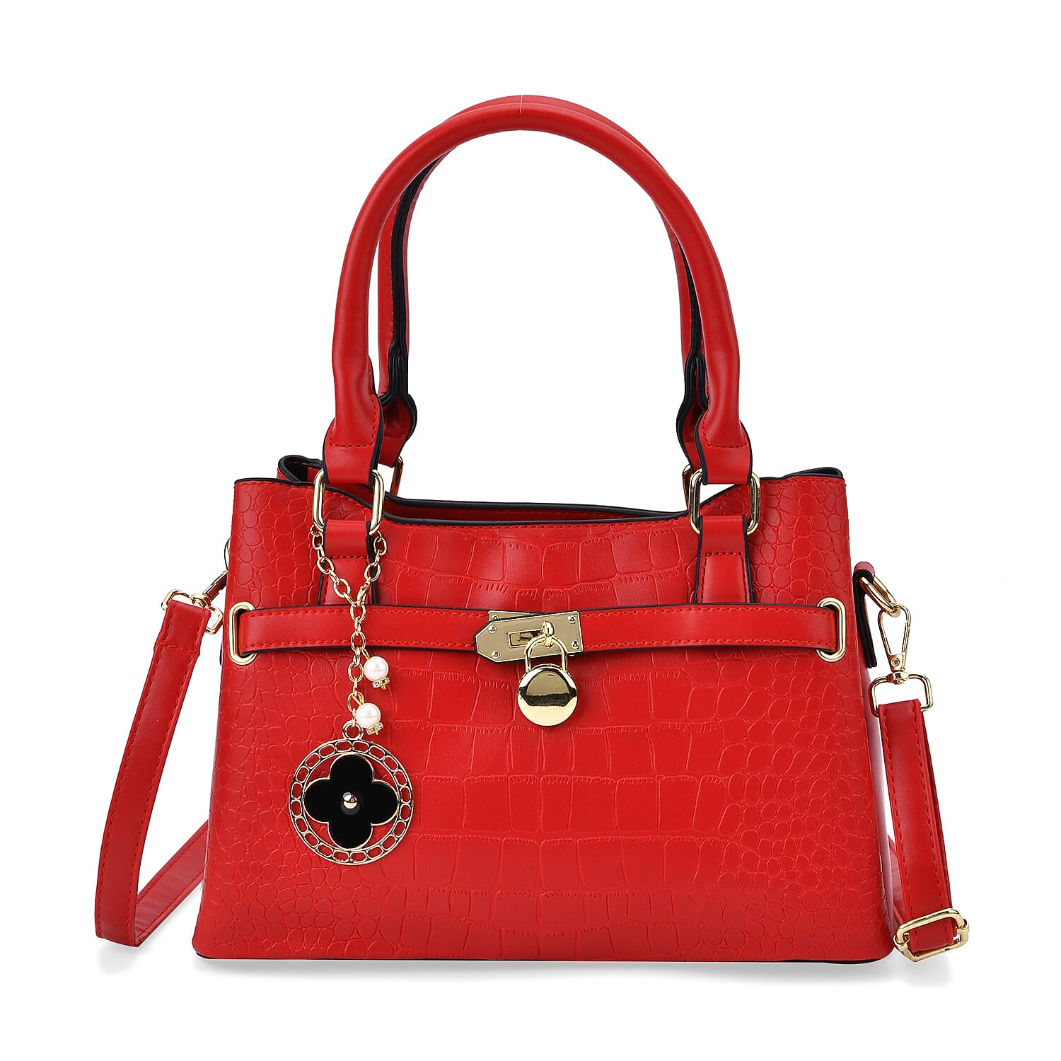 Crocodile Embossed Crossbody Bag with Shoulder Strap - Red
