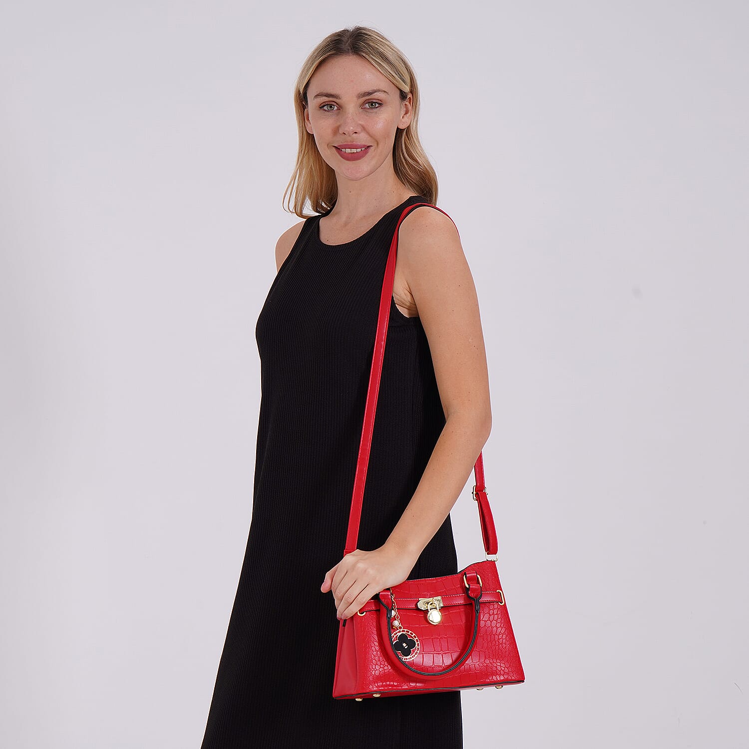 Crocodile Embossed Crossbody Bag with Shoulder Strap - Red