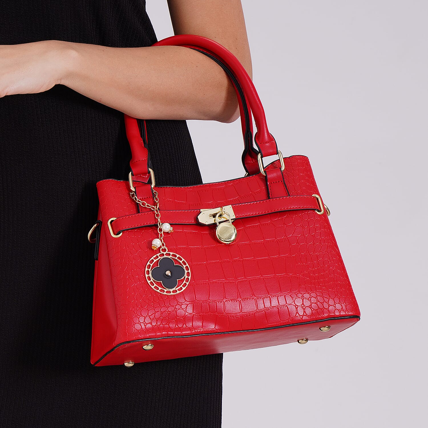 Crocodile Embossed Crossbody Bag with Shoulder Strap - Red