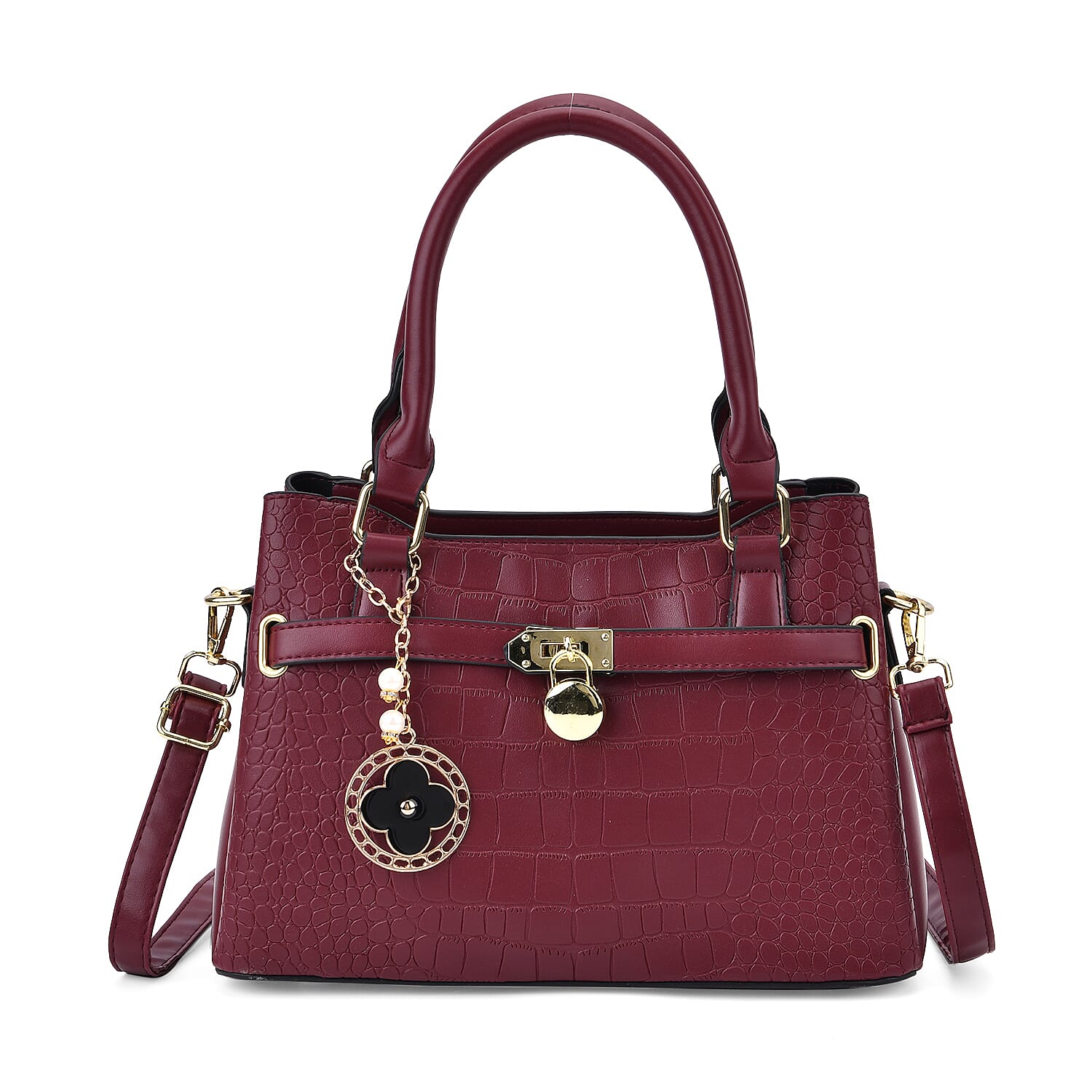 Closeout Deal - Crocodile Embossed Crossbody Bag with Shoulder Strap - Burgundy