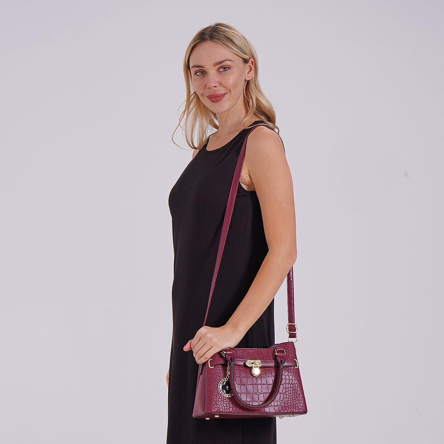 Closeout Deal - Crocodile Embossed Crossbody Bag with Shoulder Strap - Burgundy