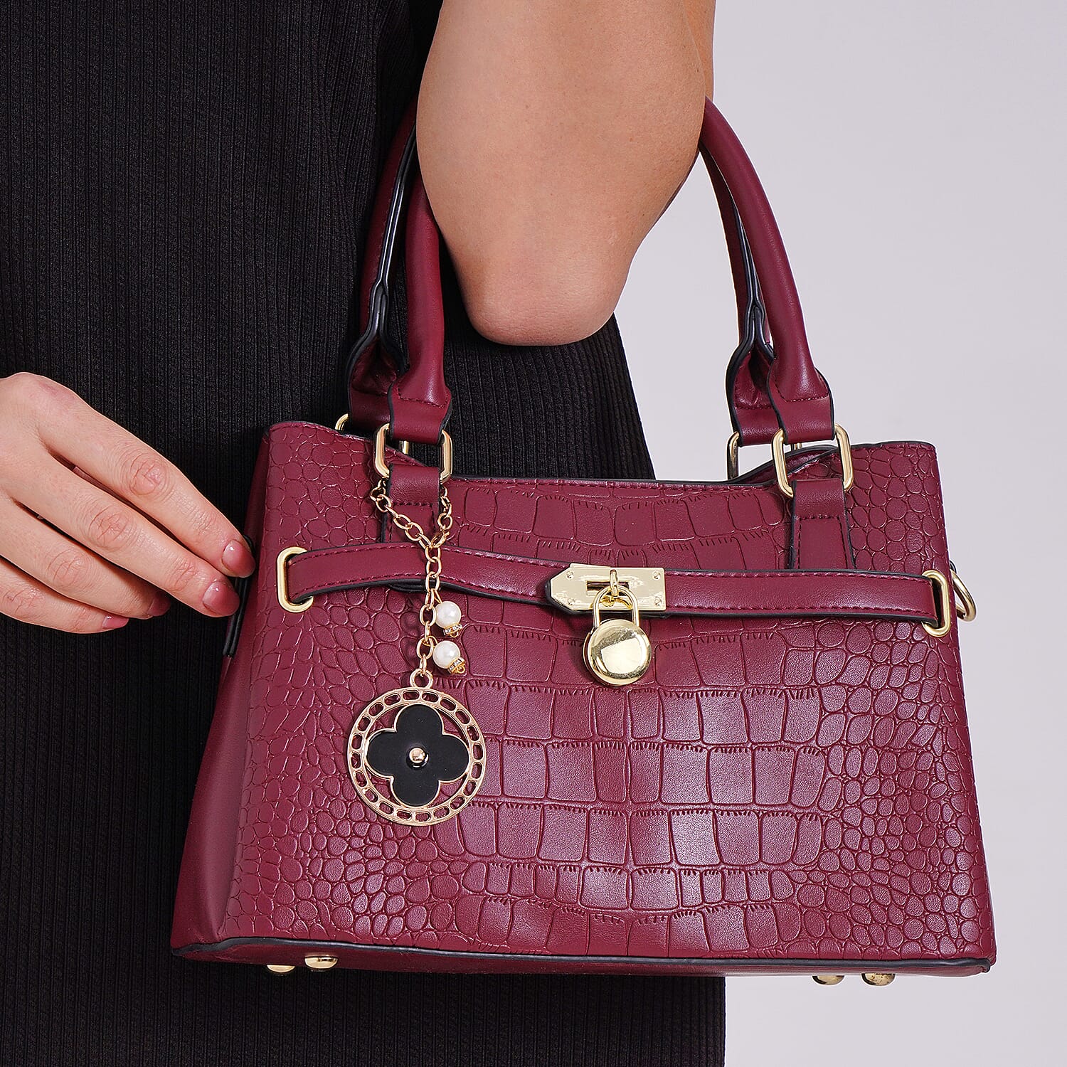 Closeout Deal - Crocodile Embossed Crossbody Bag with Shoulder Strap - Burgundy