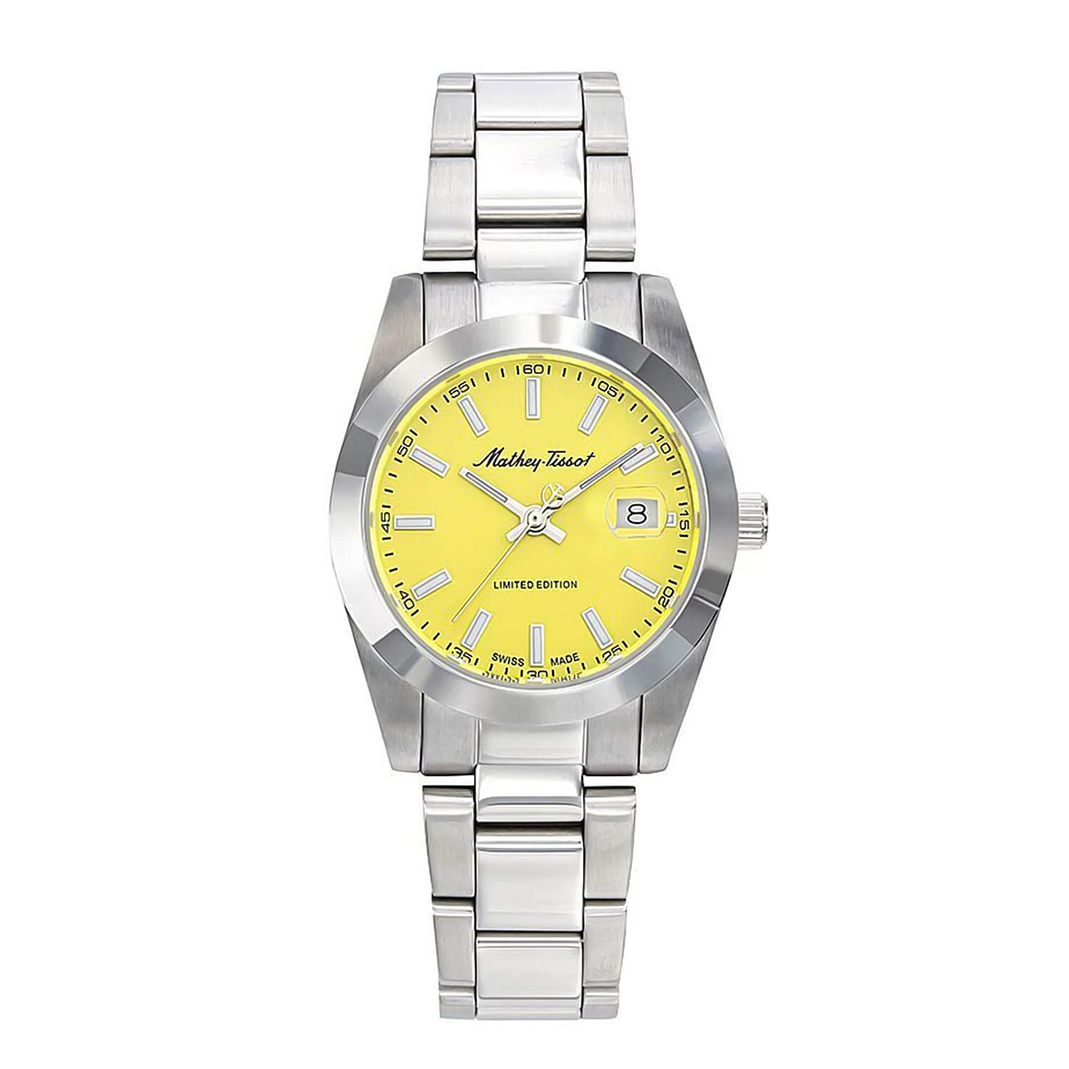 Mathey Tissot Limited Edition Sunray Quartz Movt. 5ATM WR Yellow Dial Ladies Watch with Silver Colour Stainless Steel Strap
