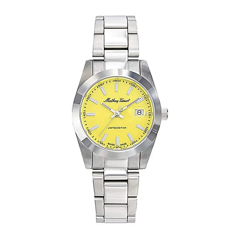 Mathey Tissot Limited Edition Sunray Quartz Movt. 5ATM WR Yellow Dial Ladies Watch with Silver Colour Stainless Steel Strap