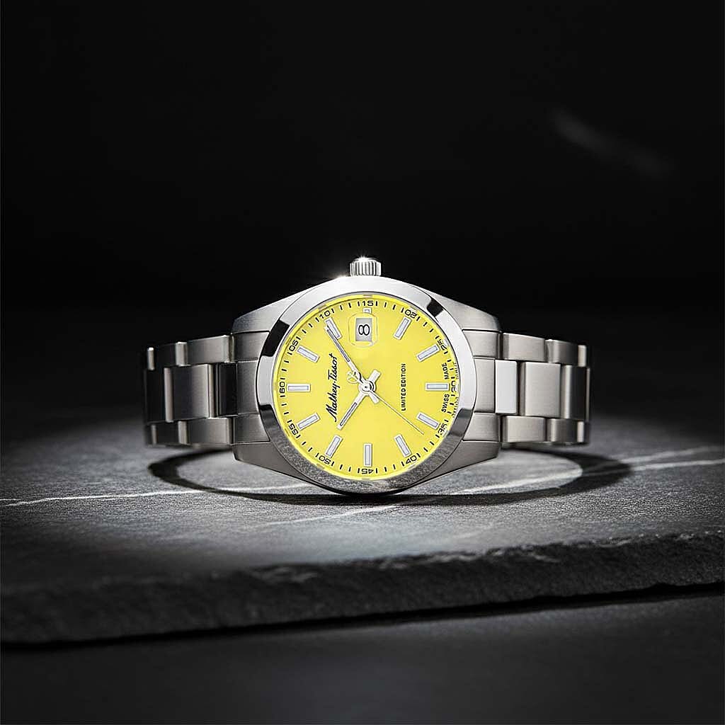 Mathey Tissot Limited Edition Sunray Quartz Movt. 5ATM WR Yellow Dial Ladies Watch with Silver Colour Stainless Steel Strap