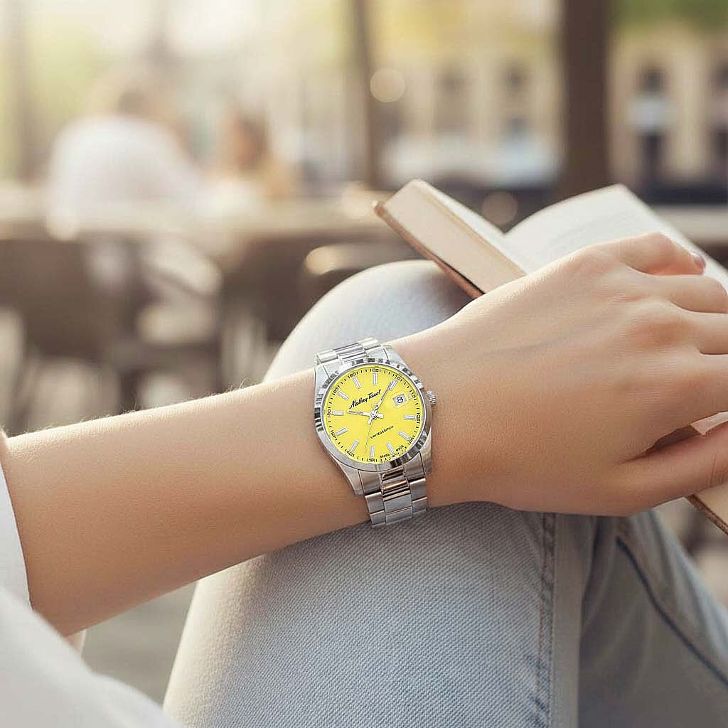 Mathey Tissot Limited Edition Sunray Quartz Movt. 5ATM WR Yellow Dial Ladies Watch with Silver Colour Stainless Steel Strap