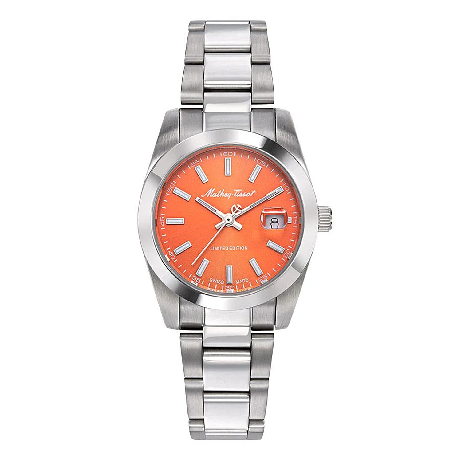 Mathey Tissot Limited Edition Sunray Quartz Movt. 5ATM WR Orange Dial Ladies Watch with Silver Colour Stainless Steel Strap