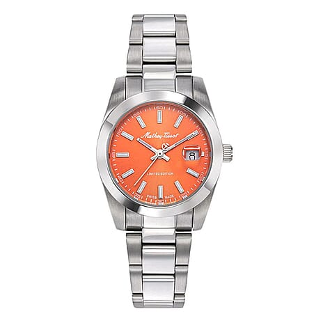 Mathey Tissot Limited Edition Sunray Quartz Movt. 5ATM WR Orange Dial Ladies Watch with Silver Colour Stainless Steel Strap