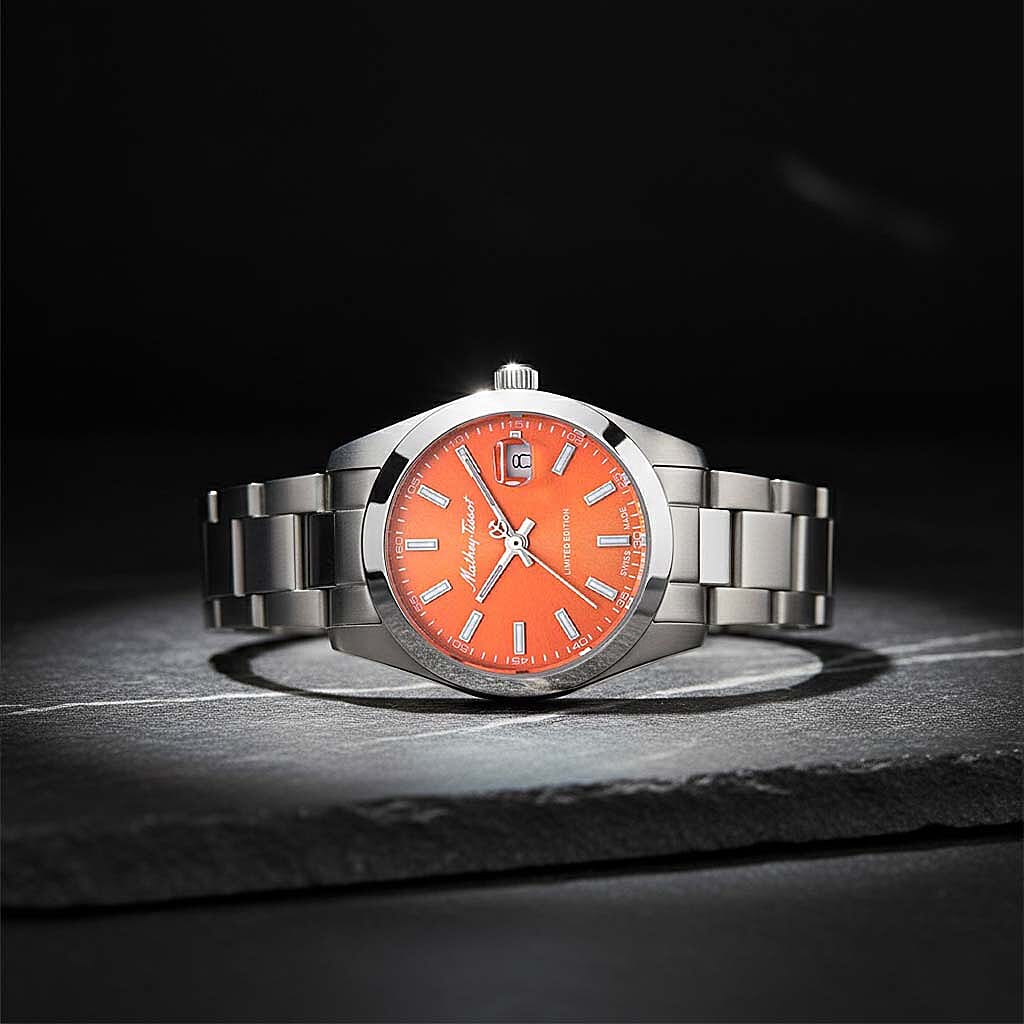 Mathey Tissot Limited Edition Sunray Quartz Movt. 5ATM WR Orange Dial Ladies Watch with Silver Colour Stainless Steel Strap
