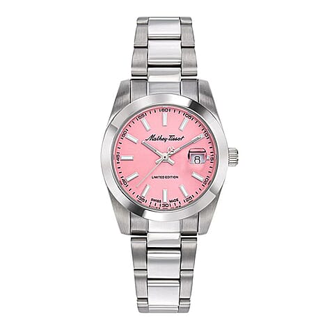 Mathey Tissot Limited Edition Sunray Quartz Movt. 5ATM WR Pink Dial Ladies Watch with Silver Colour Stainless Steel Strap