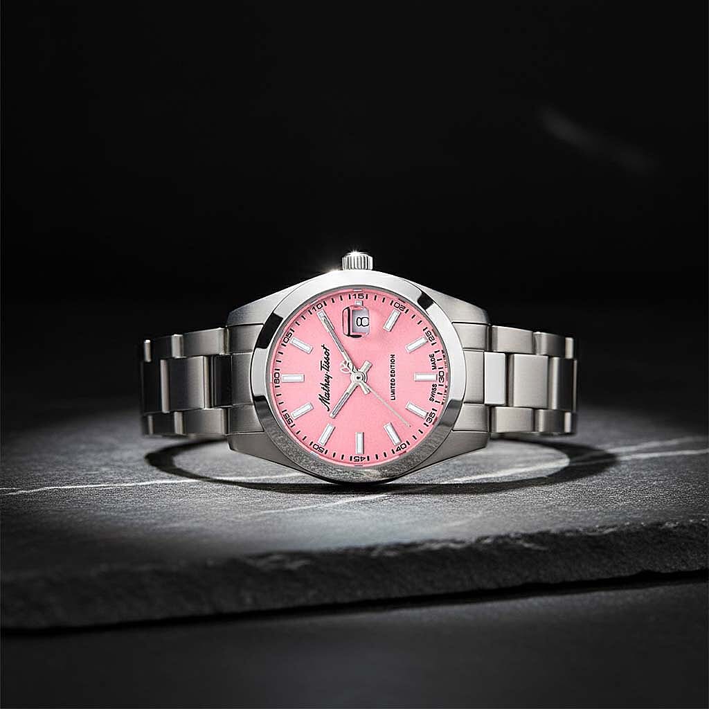 Mathey Tissot Limited Edition Sunray Quartz Movt. 5ATM WR Pink Dial Ladies Watch with Silver Colour Stainless Steel Strap