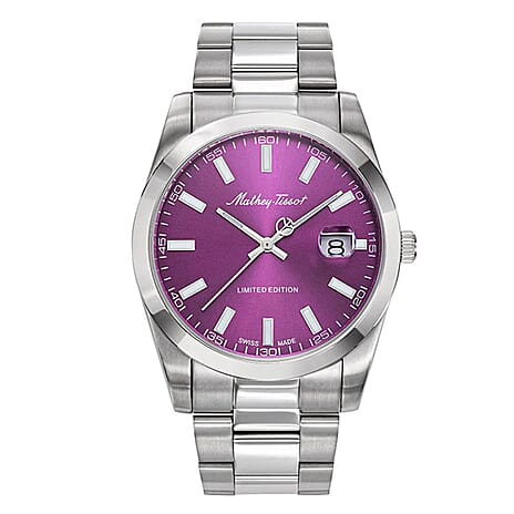 Mathey Tissot Limited Edition Sunray Quartz Movt. 5ATM Purple Dial Mens Watch with Silver Colour Stainless Steel Strap