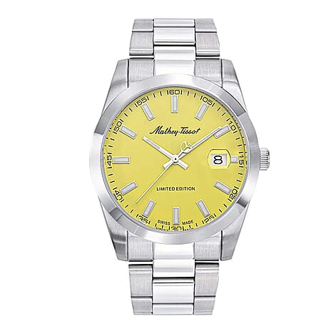 Mathey Tissot Limited Edition Sunray Quartz Movt. 5ATM WR Yellow Dial Mens Watch with Silver Colour Stainless Steel Strap