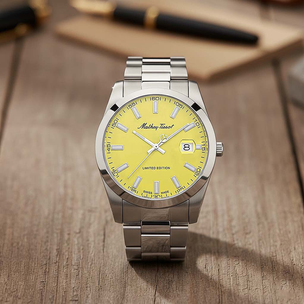 Mathey Tissot Limited Edition Sunray Quartz Movt. 5ATM WR Yellow Dial Mens Watch with Silver Colour Stainless Steel Strap