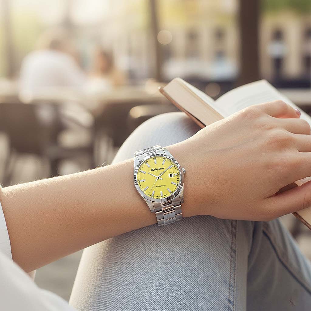 Mathey Tissot Limited Edition Sunray Quartz Movt. 5ATM WR Yellow Dial Mens Watch with Silver Colour Stainless Steel Strap