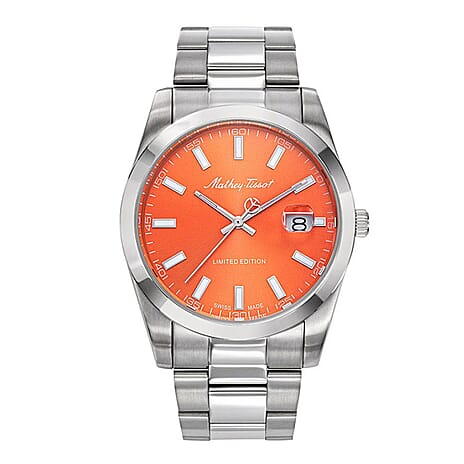 Mathey Tissot Limited Edition Sunray Quartz Movt. 5ATM WR Orange Dial Mens Watch with Silver Colour Stainless Steel Strap