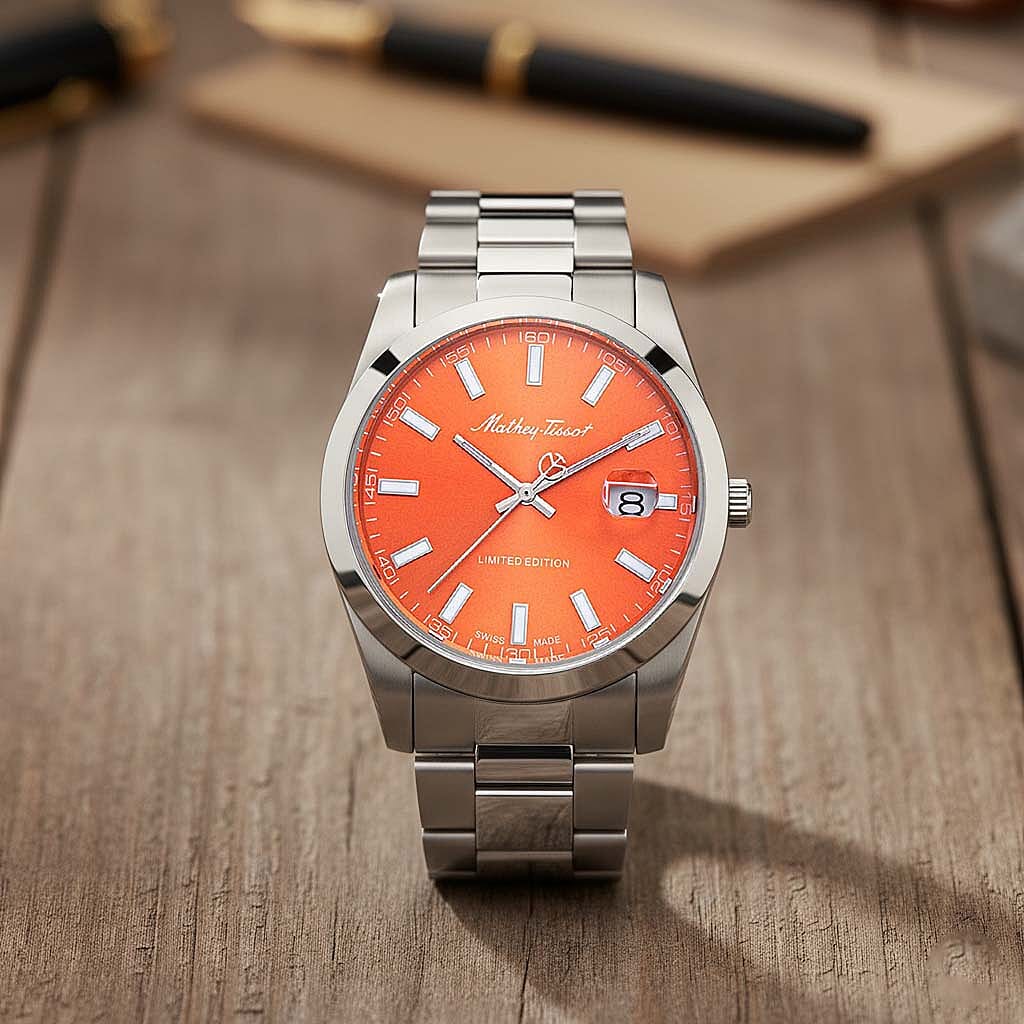 Mathey Tissot Limited Edition Sunray Quartz Movt. 5ATM WR Orange Dial Mens Watch with Silver Colour Stainless Steel Strap