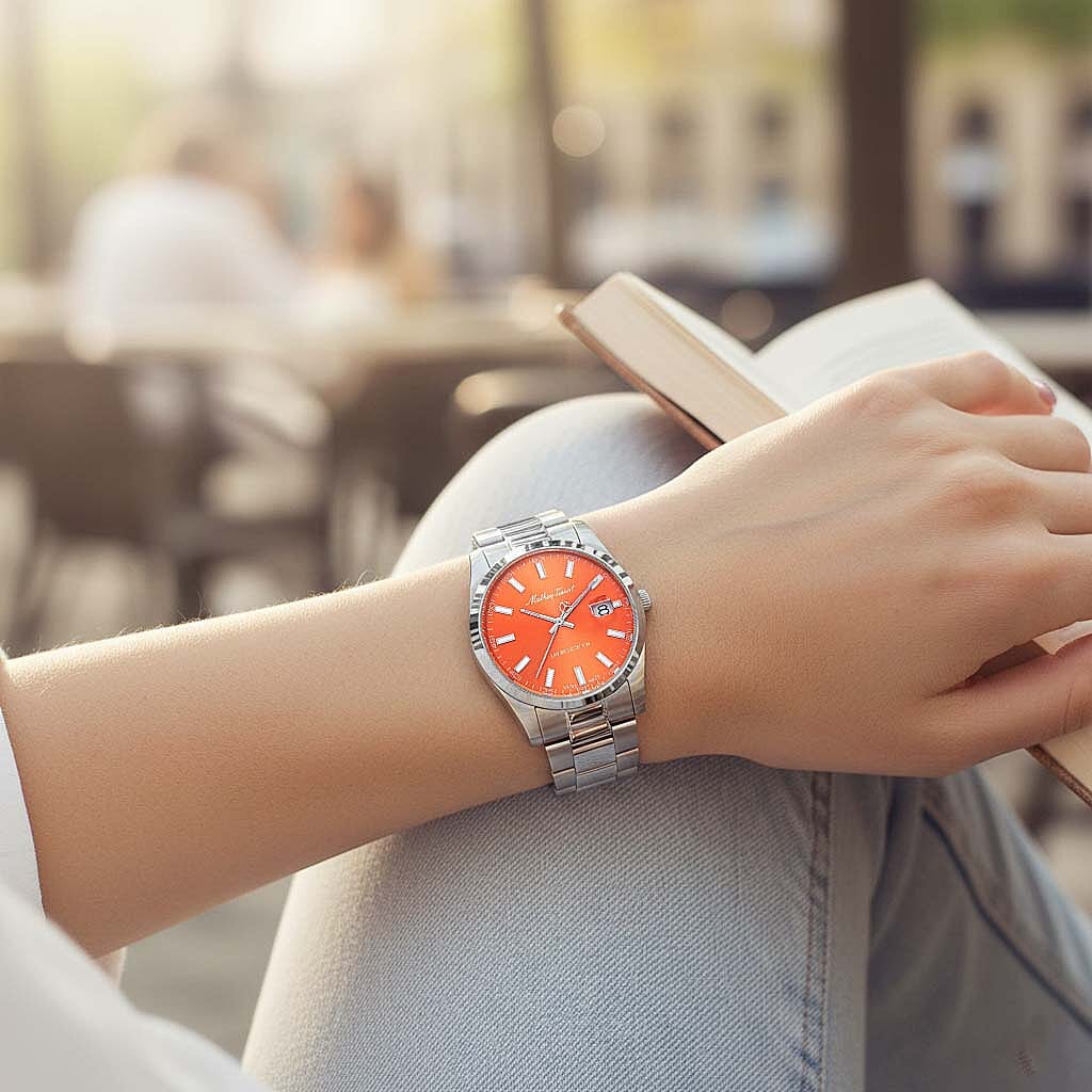 Mathey Tissot Limited Edition Sunray Quartz Movt. 5ATM WR Orange Dial Mens Watch with Silver Colour Stainless Steel Strap