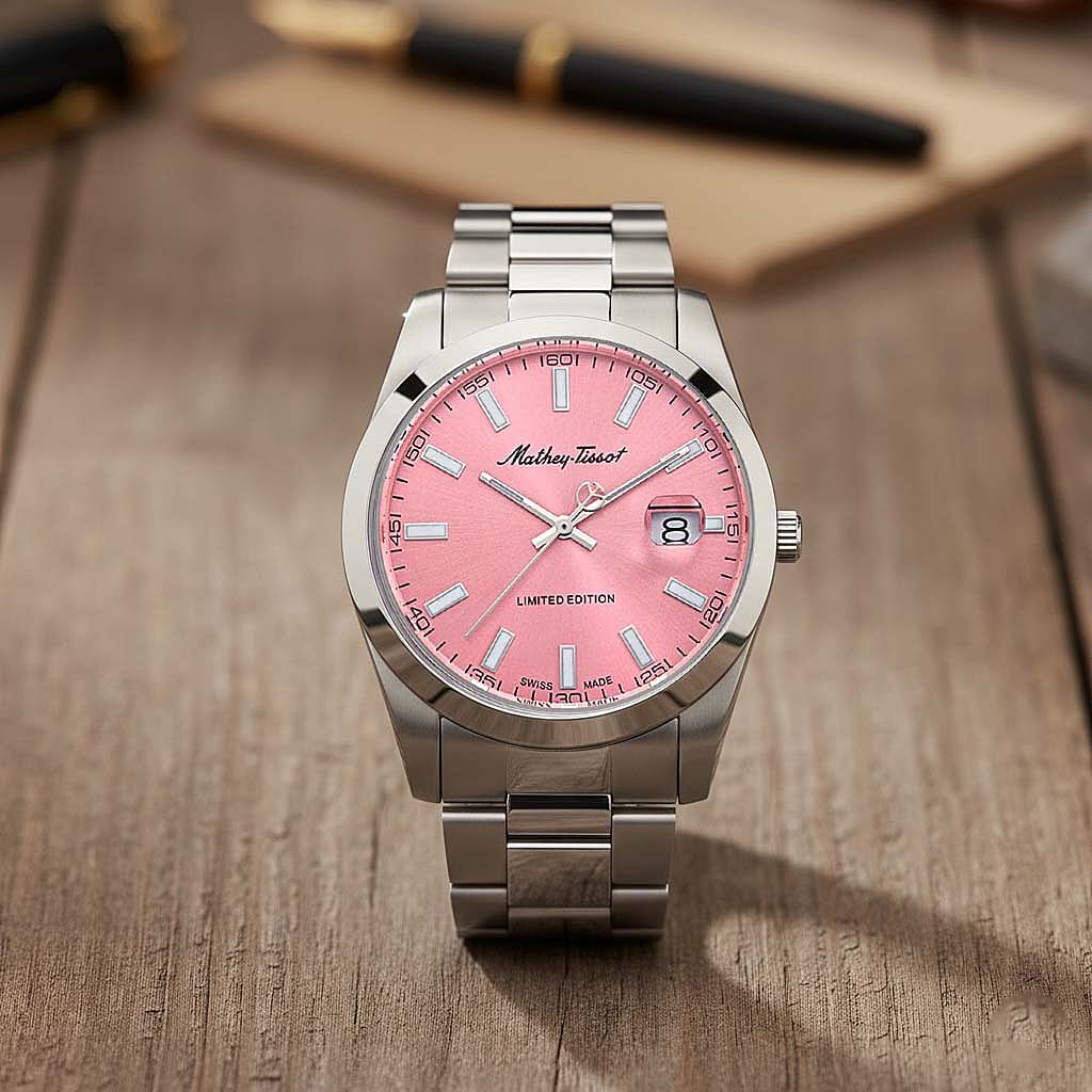 Mathey Tissot Limited Edition Sunray Quartz Movt. 5ATM WR Pink Dial Mens Watch with Silver Colour Stainless Steel Strap