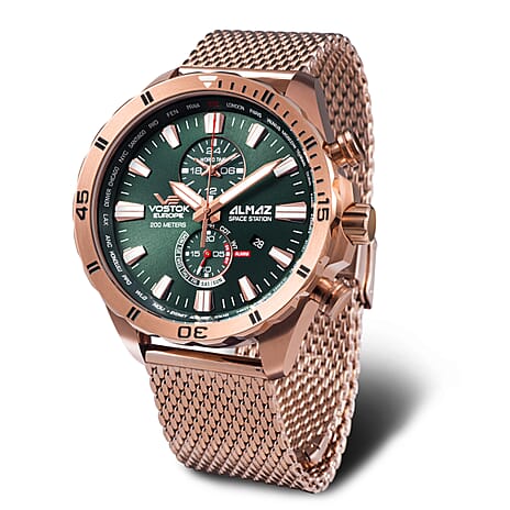 VOSTOK EUROPE Almaz Space Station Quartz Movt. 20ATM WR Green Dial Mens Watch with Rose Colour Stainless Steel Strap