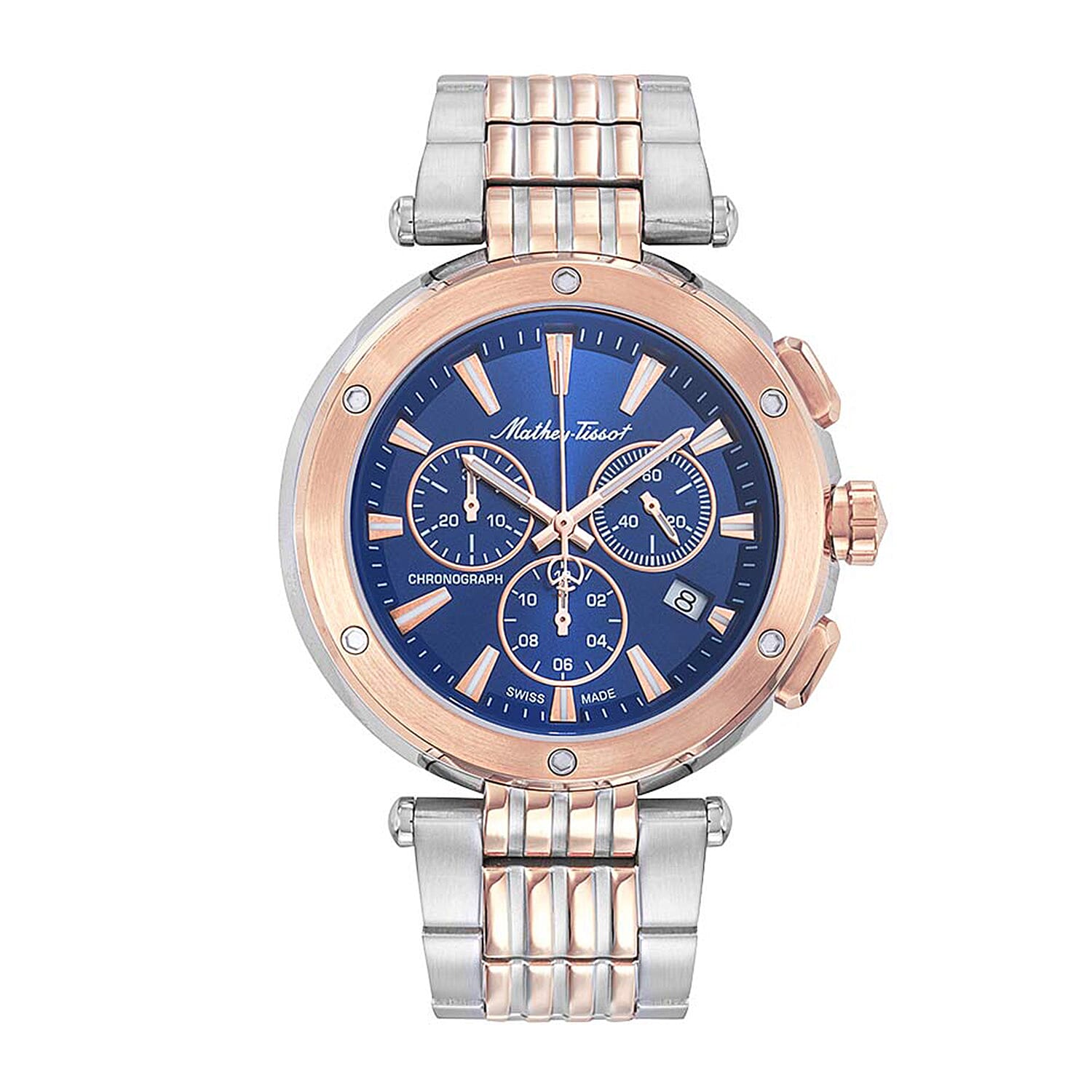Mathey Tissot Neptune Chrono 5 ATM WR Blue Dial Mens Watch with Two Tone Rose Gold - Silver Colour Stainless Steel Strap