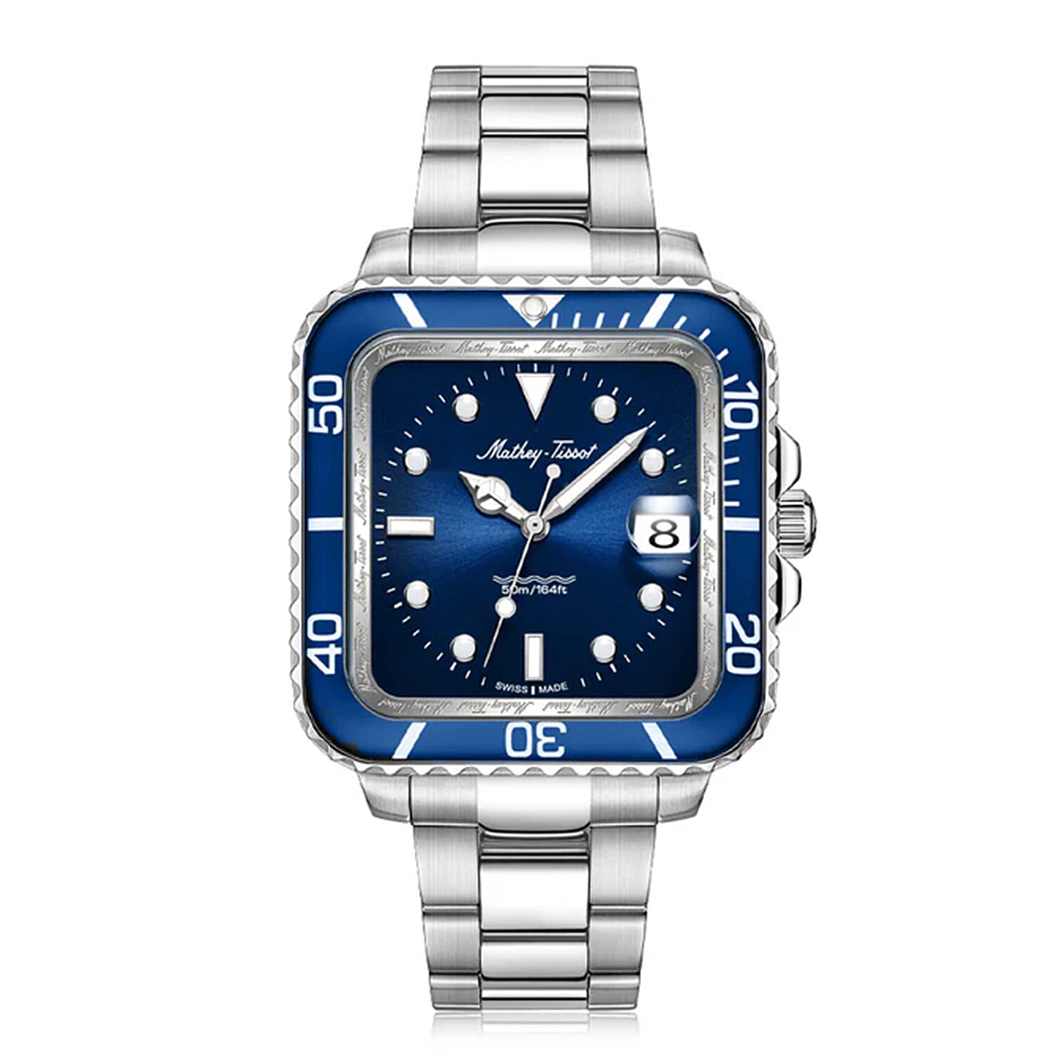 Mathey Tissot Vintage Square Quartz Movt. 5ATM Water Resistance Blue Dial Mens Watch with Silver Colour Stainless Steel Strap