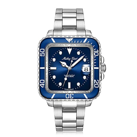 Mathey Tissot Vintage Square Quartz Movt. 3ATM Water Resistance Blue Dial Mens Watch with Silver Colour Stainless Steel Strap