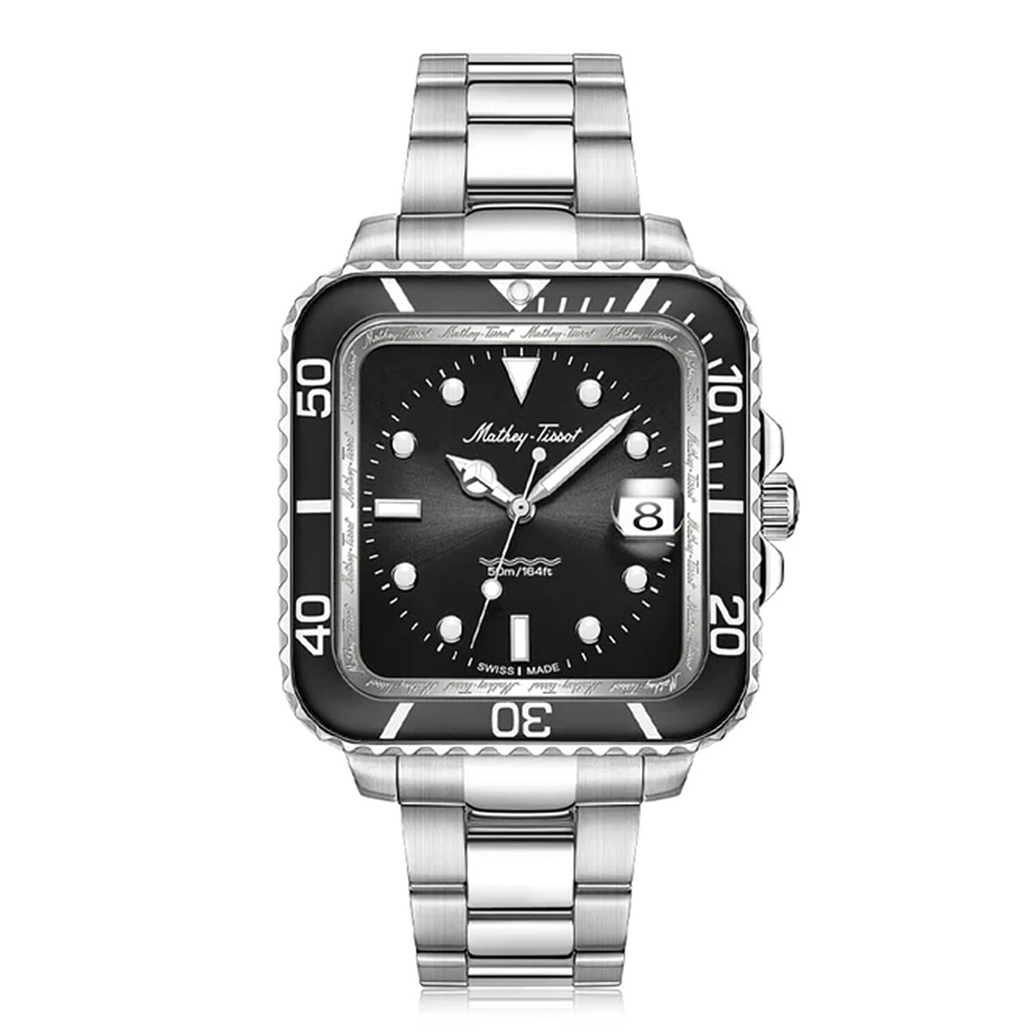Mathey Tissot Vintage Square Quartz Movt. 5ATM WR Black Dial Mens Watch with Silver Colour Stainless Steel Strap