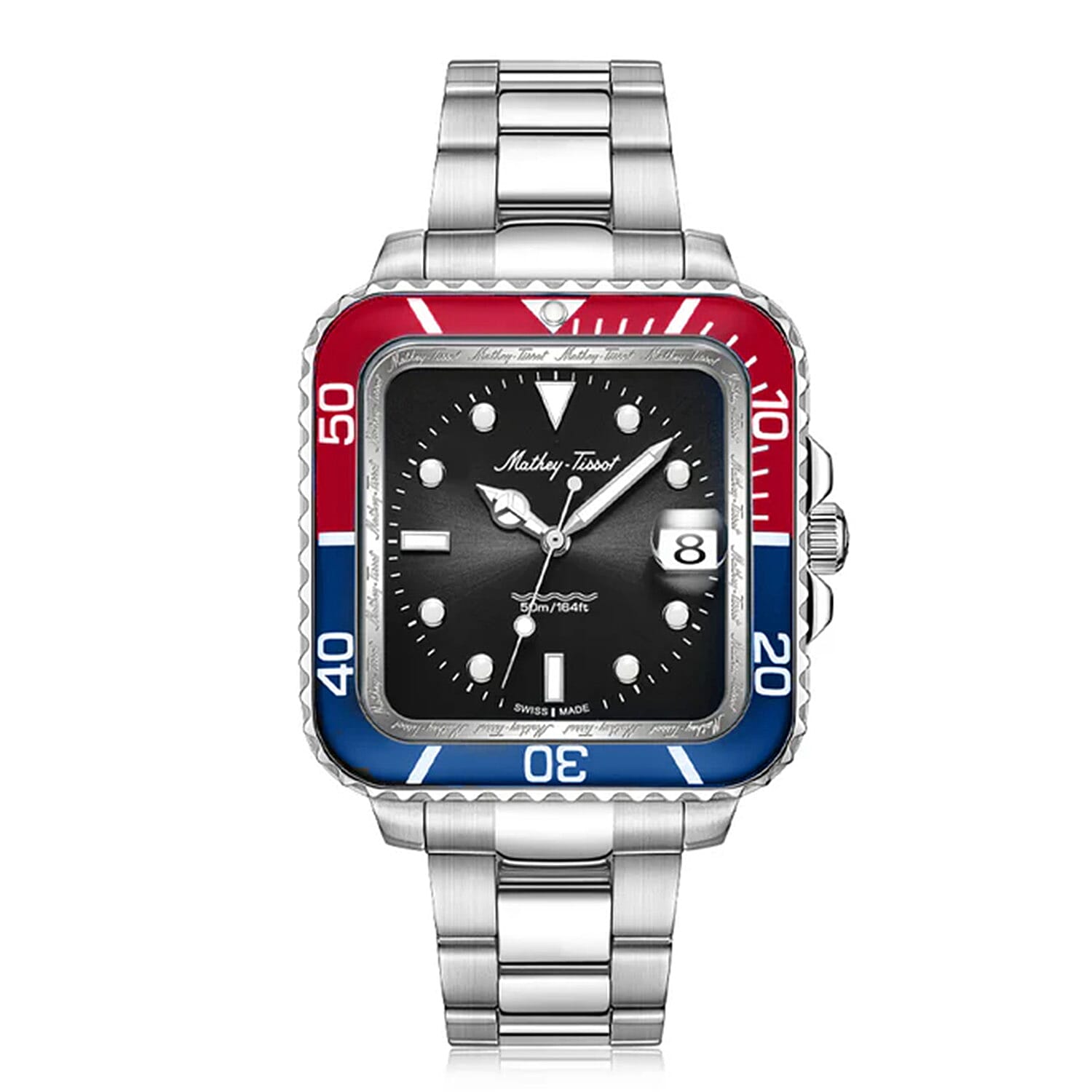 Mathey Tissot Vintage Square Quartz Movt. 5ATM WR Black Dial with Date Function Mens Watch with Silver Colour Stainless Steel Strap