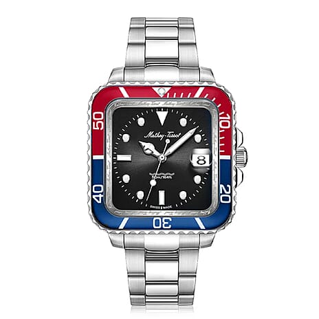 Black Friday Deal - Mathey Tissot Vintage Square Quartz Movt. 5ATM WR Black Dial with Date Function Mens Watch with Silver Colour Stainless Steel Strap