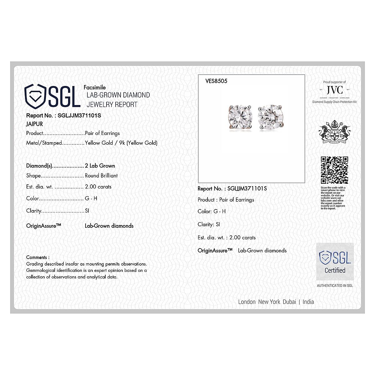 Luxuriant Diamond - 9K Yellow Gold SGL Certified  Lab Grown Diamond (SI-GH) Solitaire Earring with Push Back 2.06 Ct