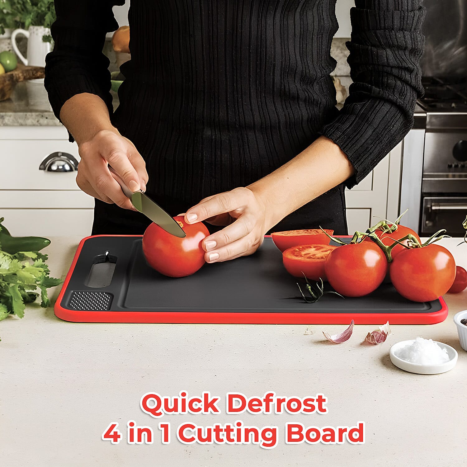 4-in-1 Multi-Purpose Defrosting Cutting Board - Defrosts upto 8 Times Faster, Knife Sharpener & Garlic Grater - Black & Red